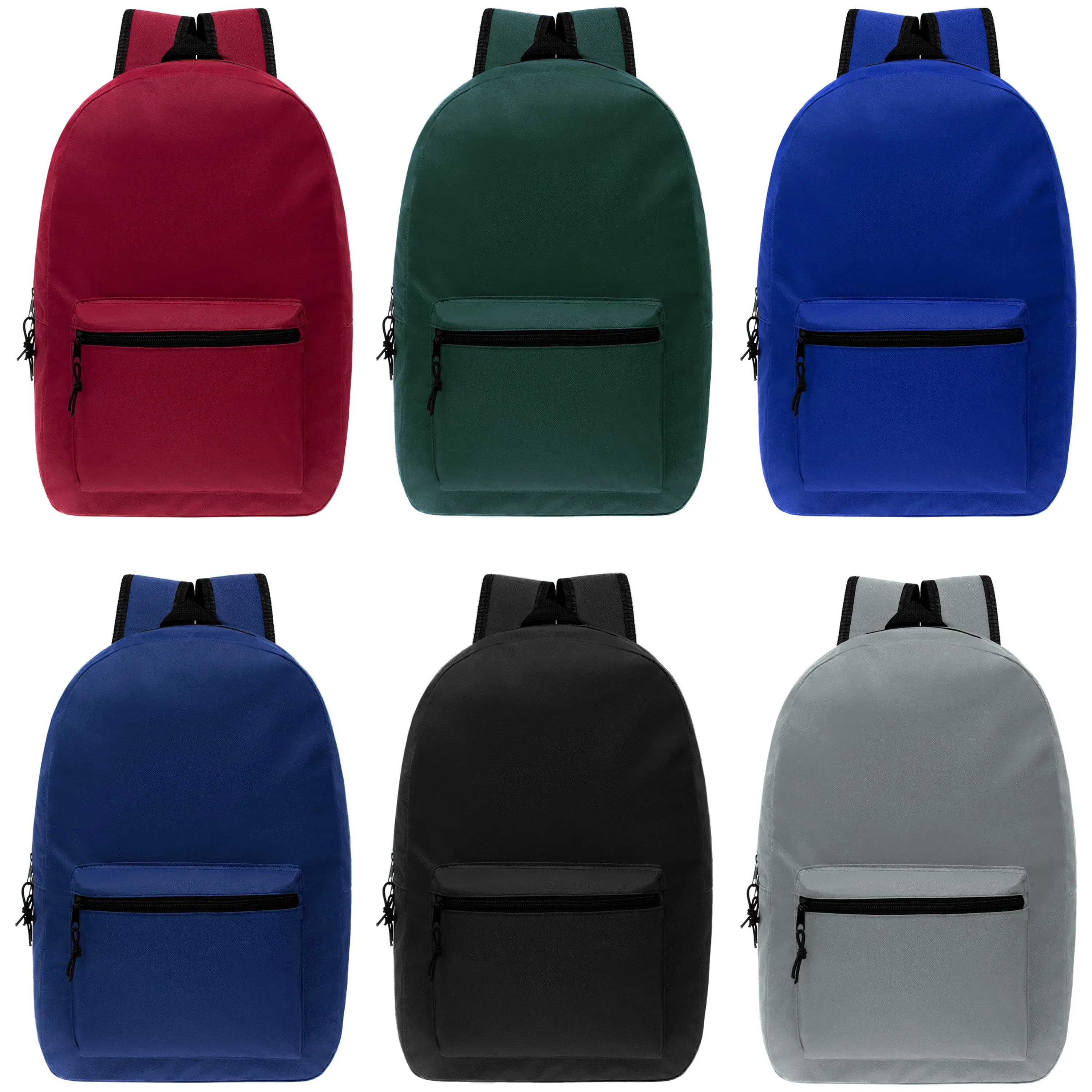 15" Kids Basic Wholesale Backpack in 6 Colors - Bulk Case of 24