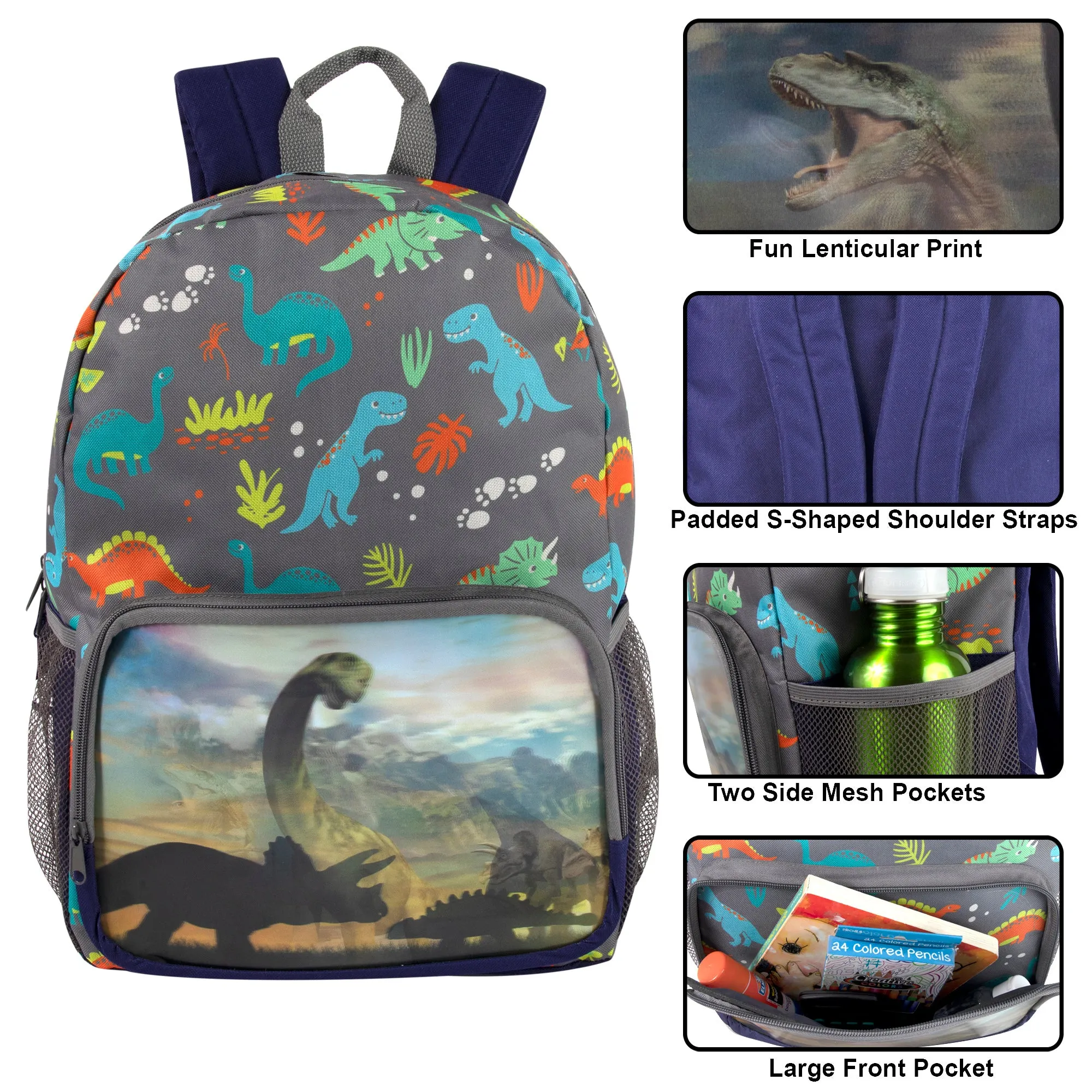 17-Inch Dinosaur Backpack with Side Mesh Pockets