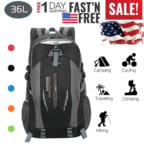 36L Outdoor Backpack Waterproof Daypack Travel Knapsack - Black