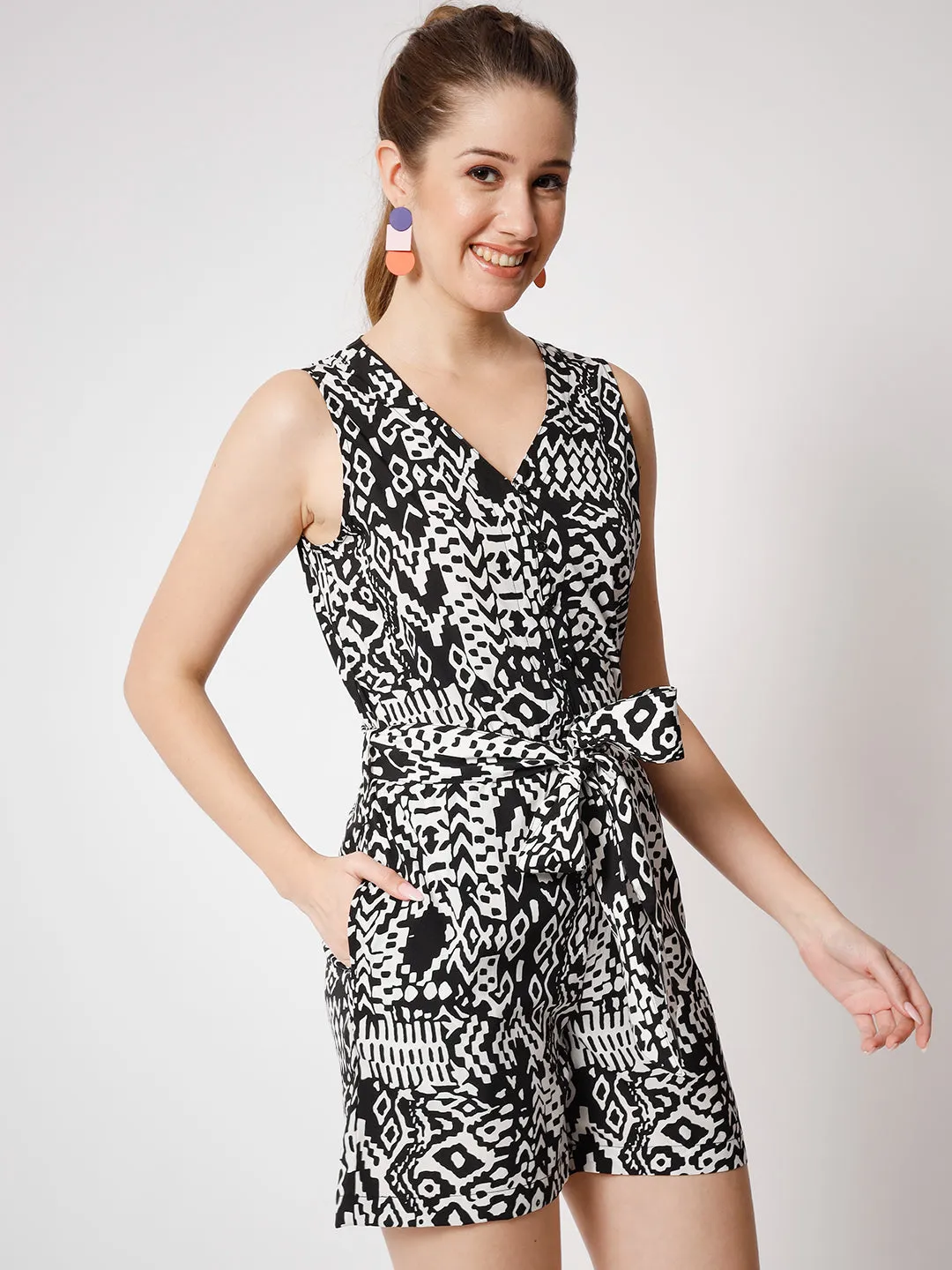 Abstract Printed V-Neck Jumpsuit