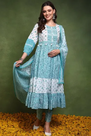 Ahika Blue and White Pure Cotton Ethnic Motifs Printed Anarkali Suit Set