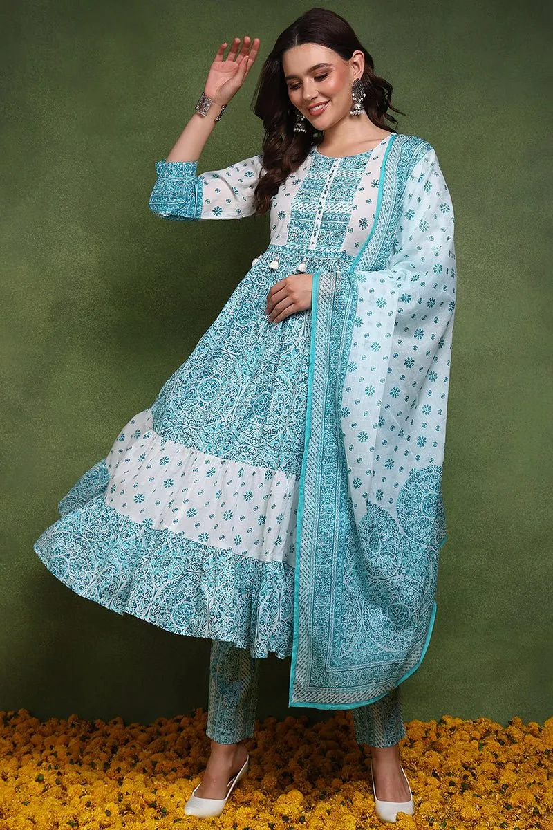 Ahika Blue and White Pure Cotton Ethnic Motifs Printed Anarkali Suit Set