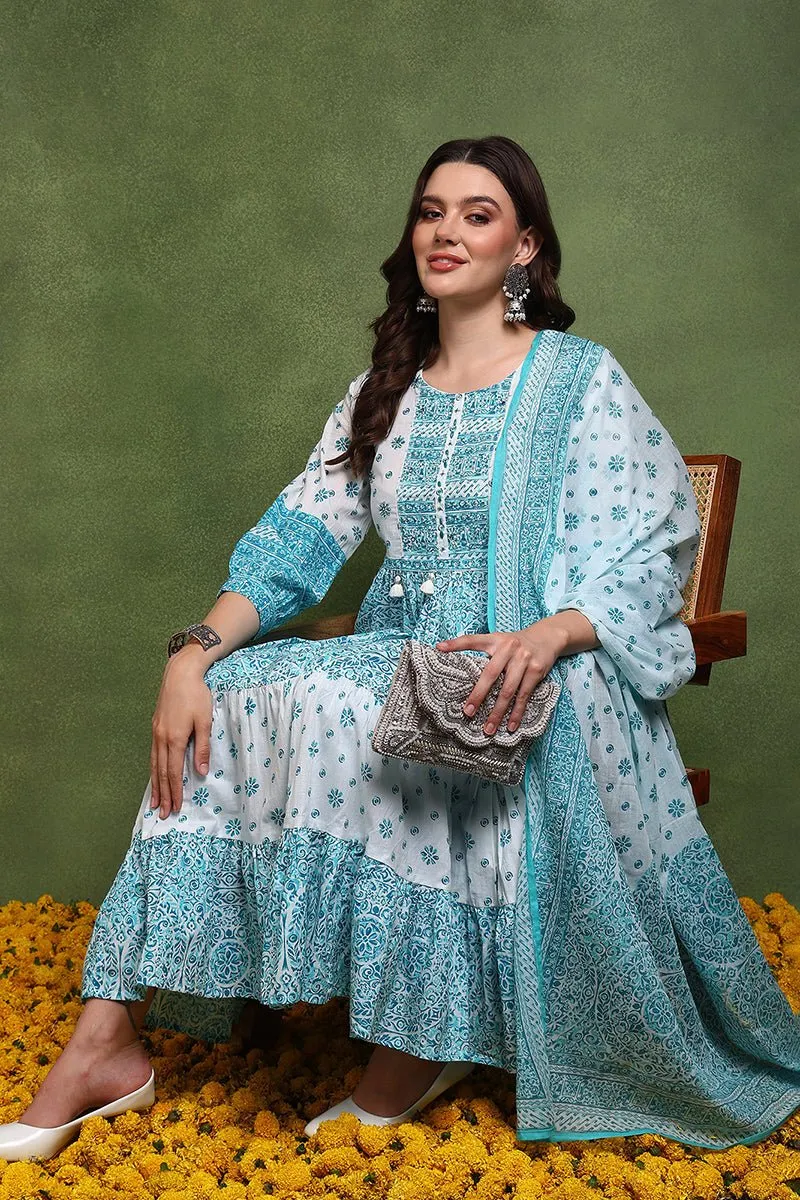 Ahika Blue and White Pure Cotton Ethnic Motifs Printed Anarkali Suit Set