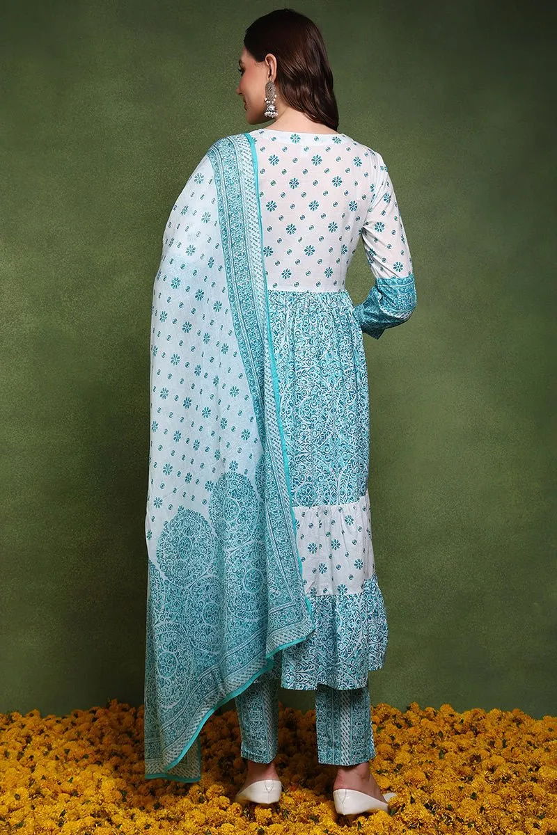 Ahika Blue and White Pure Cotton Ethnic Motifs Printed Anarkali Suit Set