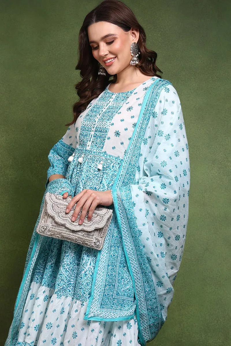 Ahika Blue and White Pure Cotton Ethnic Motifs Printed Anarkali Suit Set