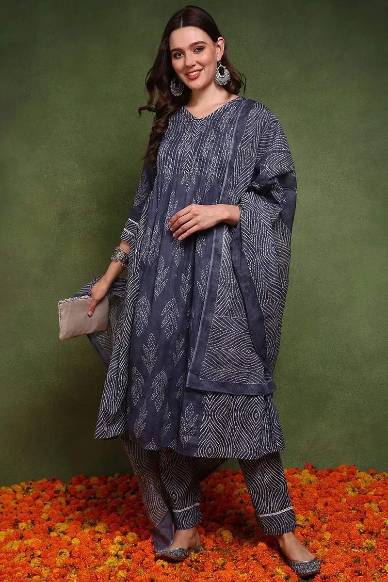 Ahika Navy Blue Pure Cotton Bandhani Printed A-Line Suit Set