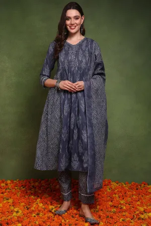 Ahika Navy Blue Pure Cotton Bandhani Printed A-Line Suit Set