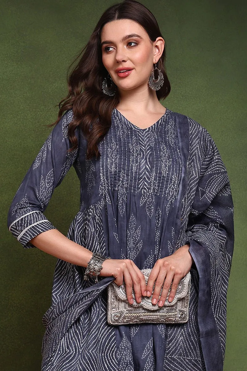 Ahika Navy Blue Pure Cotton Bandhani Printed A-Line Suit Set