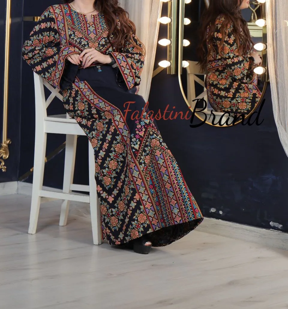 Amazing Dark Navy Multi Color Palestinian Embroidered Thobe Dress With Astonishing Embroidery