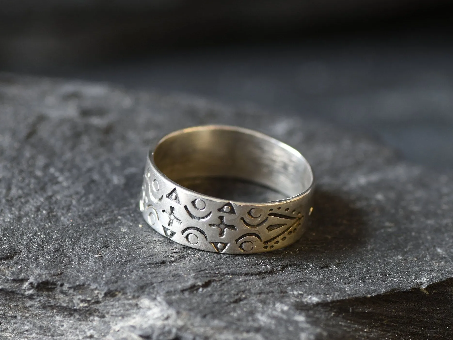 Ancient Symbol Ring - Silver Wide Band Ring - Silver Textured Ring