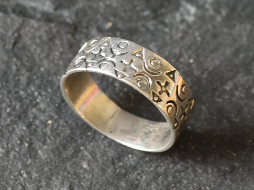 Ancient Symbol Ring - Silver Wide Band Ring - Silver Textured Ring