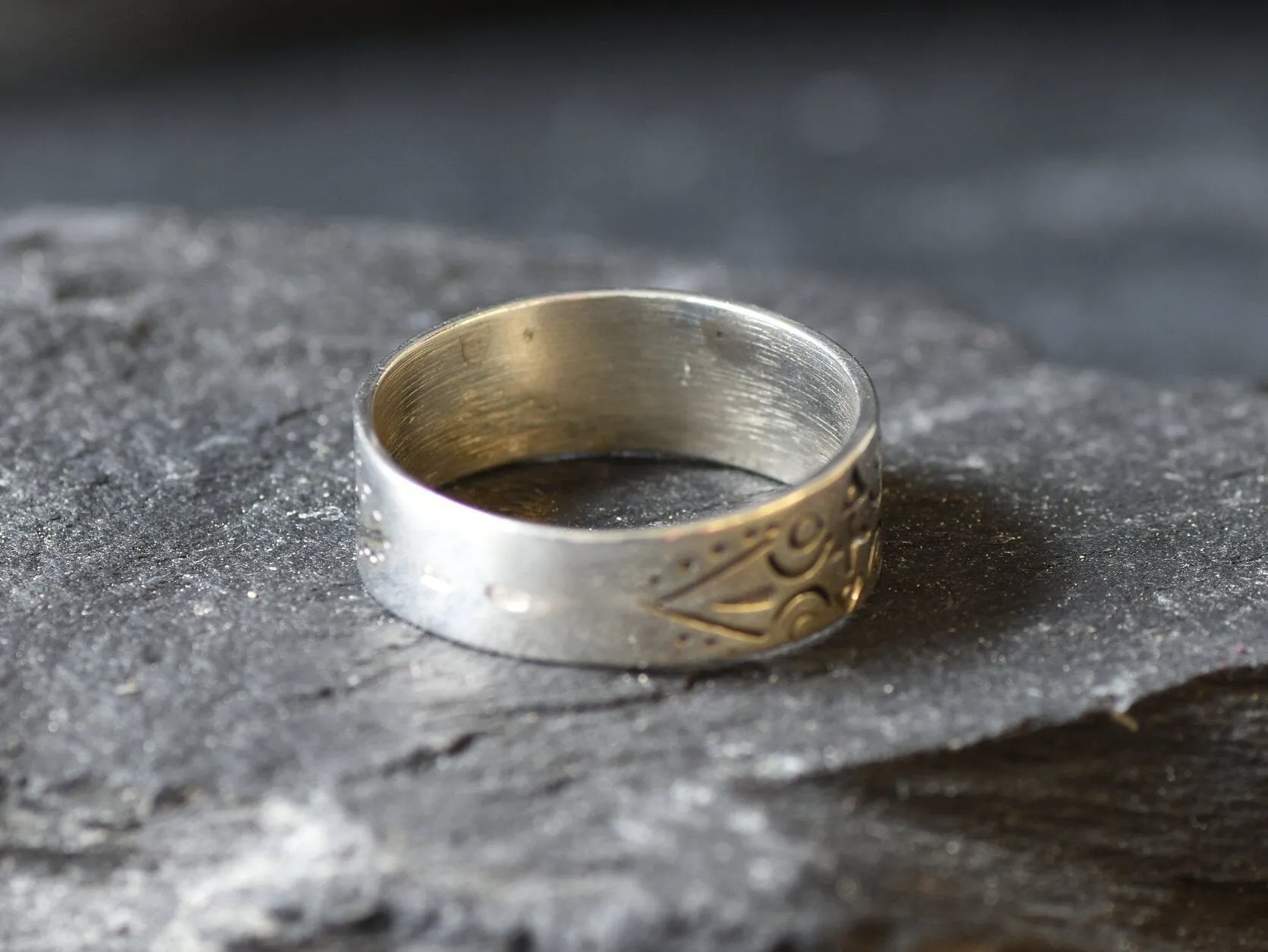 Ancient Symbol Ring - Silver Wide Band Ring - Silver Textured Ring