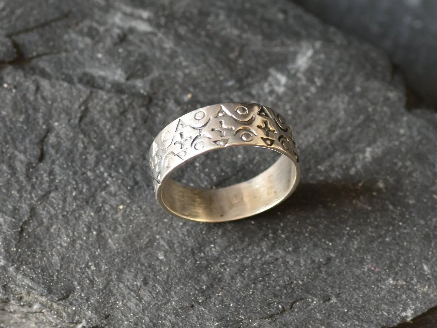 Ancient Symbol Ring - Silver Wide Band Ring - Silver Textured Ring