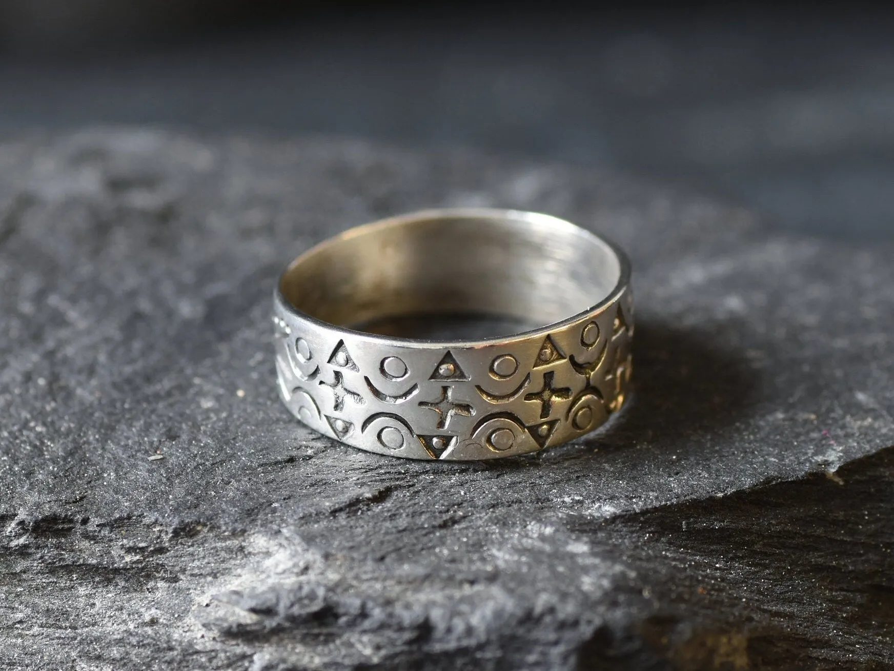 Ancient Symbol Ring - Silver Wide Band Ring - Silver Textured Ring