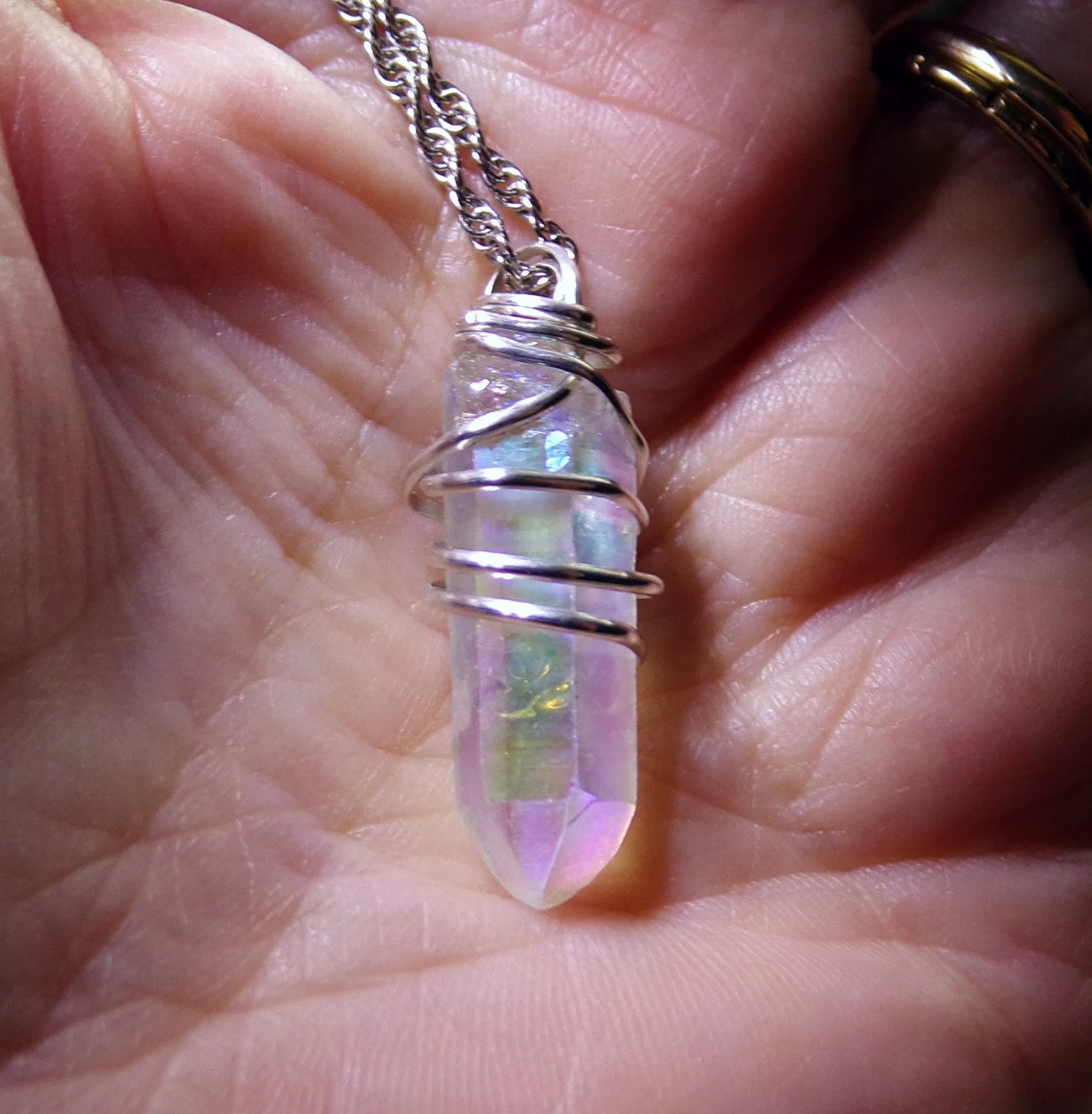 Angel Aura Iridescent Quartz Crystal Wire Wrapped Pendant Necklace