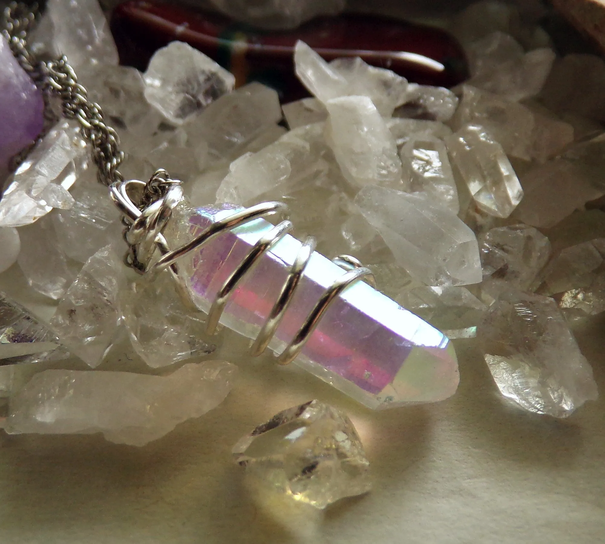 Angel Aura Iridescent Quartz Crystal Wire Wrapped Pendant Necklace