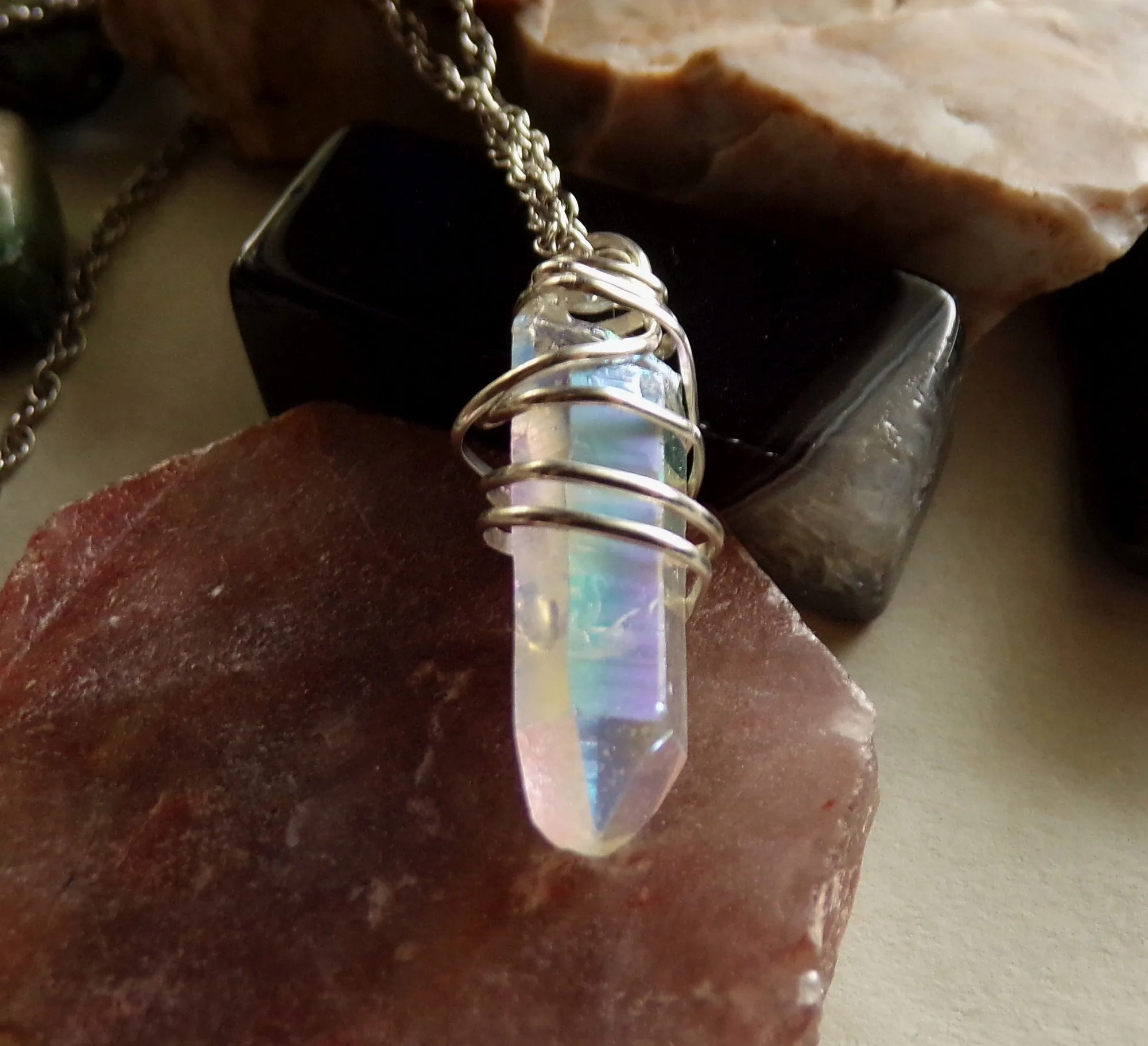 Angel Aura Iridescent Quartz Crystal Wire Wrapped Pendant Necklace