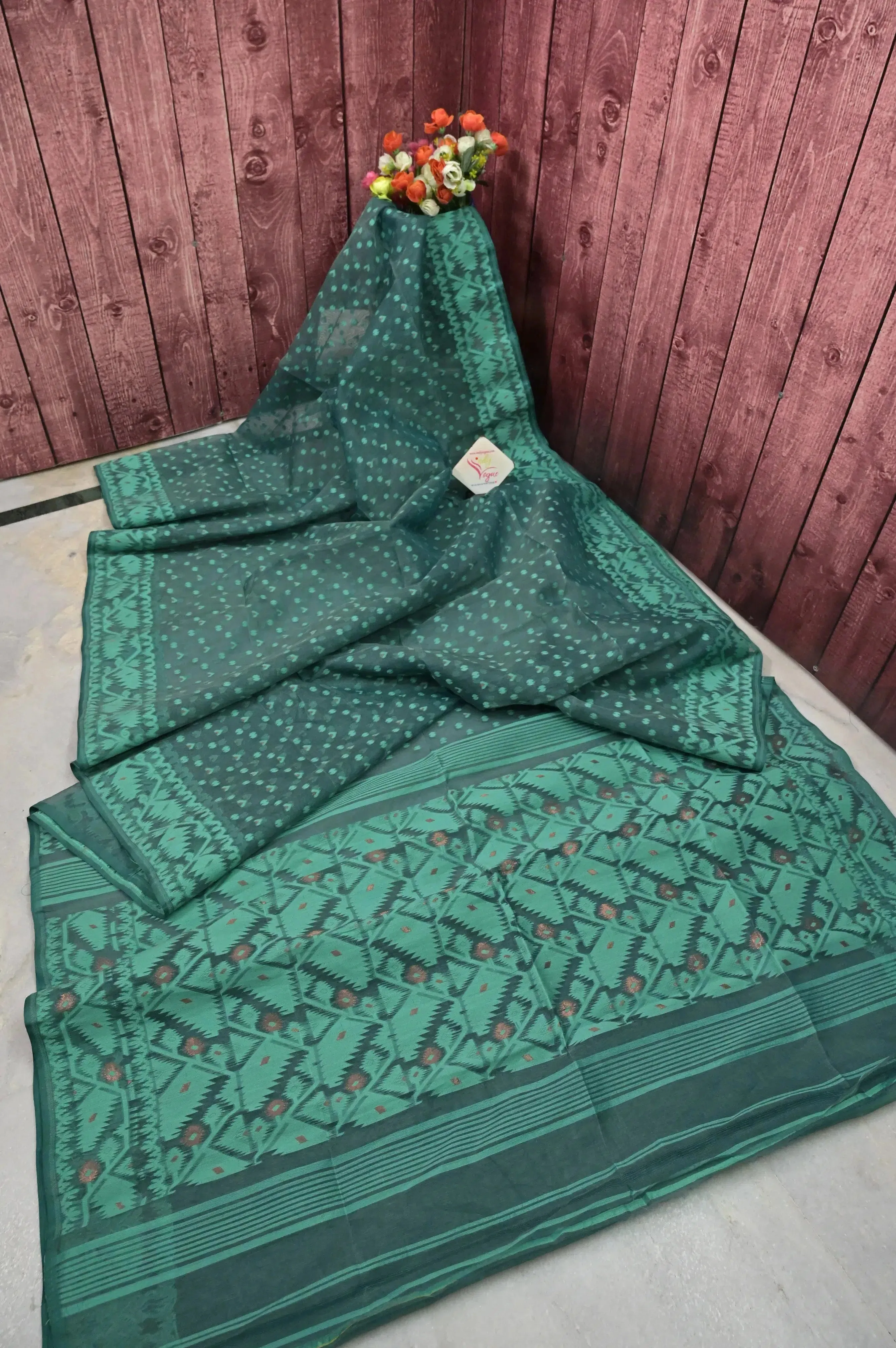 Aqua Green Color Pure Jamdani Saree with Allover Weaving