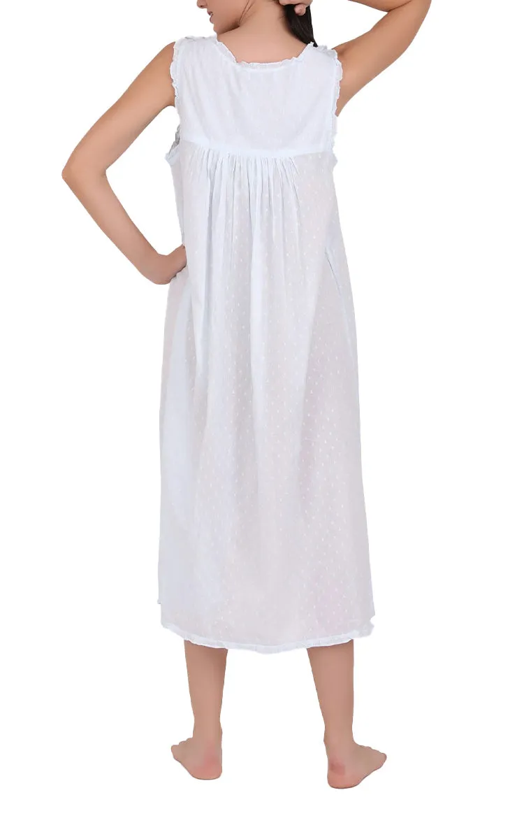 Arabella Mariana 100% Cotton Nightgown Sleeveless with Button Up Shoulder in Soft Blue MD-7B1