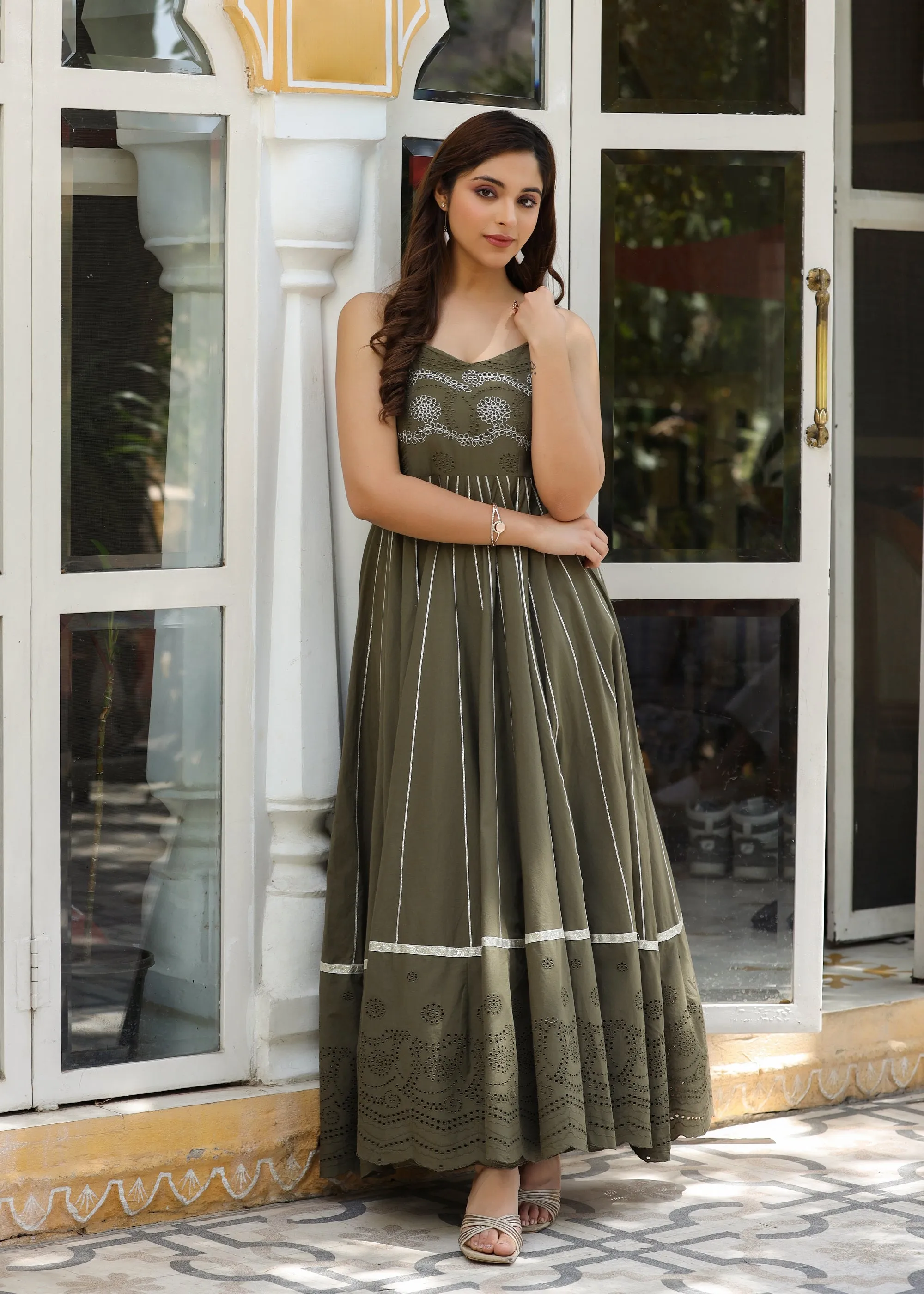 Arisha Embroidered Flared Olive Green Gota Lace Dress