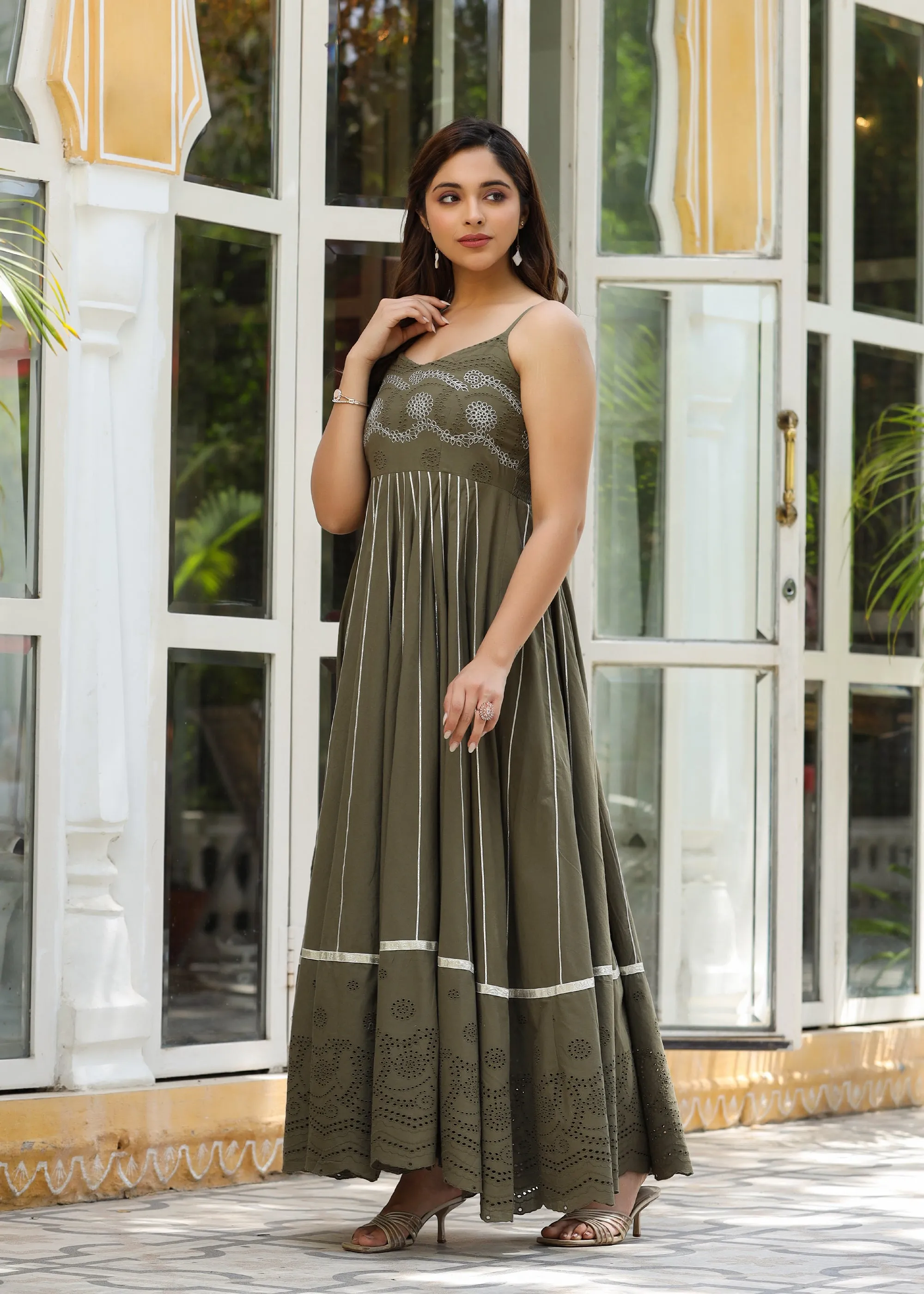 Arisha Embroidered Flared Olive Green Gota Lace Dress