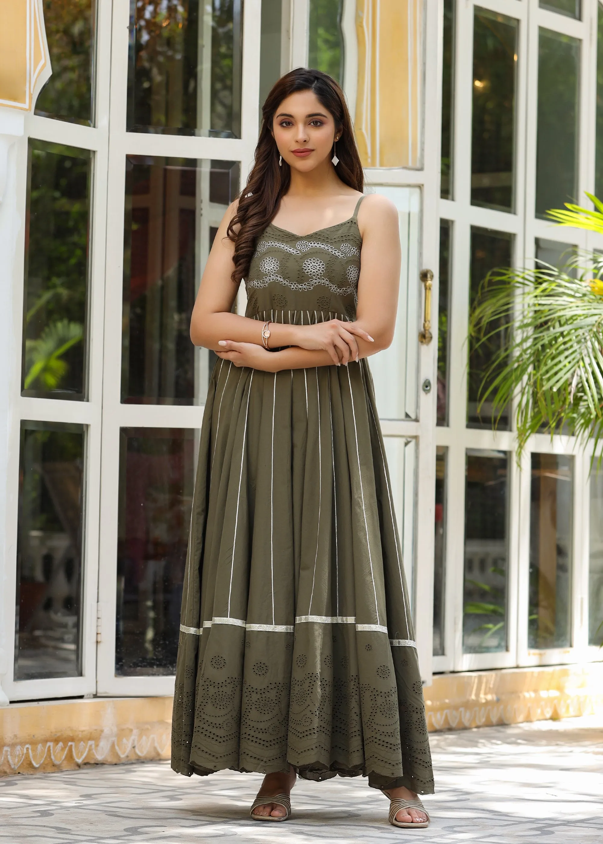 Arisha Embroidered Flared Olive Green Gota Lace Dress