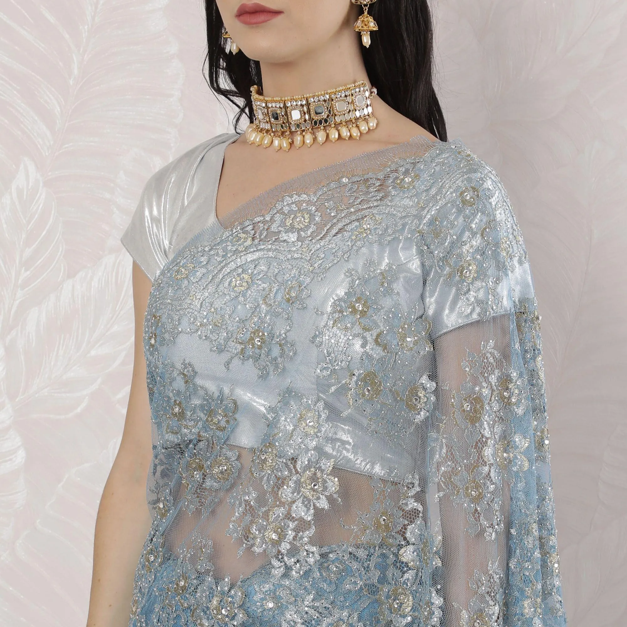 Baby blue, gold, silver Premium pure French metallic chantilly lace saree having stone work in floral design-D16349