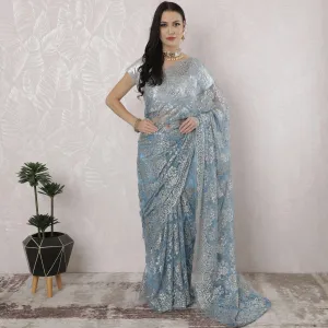 Baby blue, gold, silver Premium pure French metallic chantilly lace saree having stone work in floral design-D16349