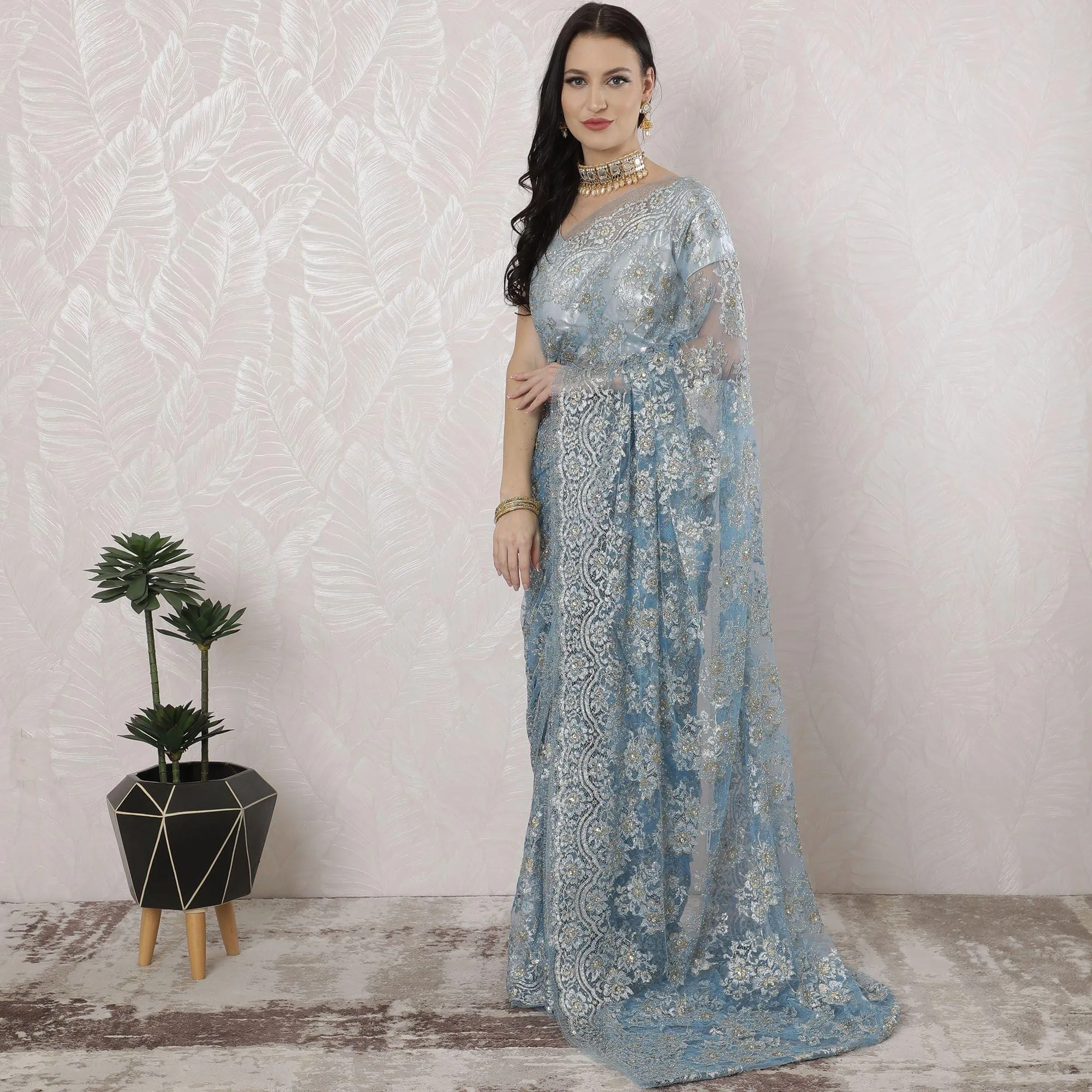 Baby blue, gold, silver Premium pure French metallic chantilly lace saree having stone work in floral design-D16349