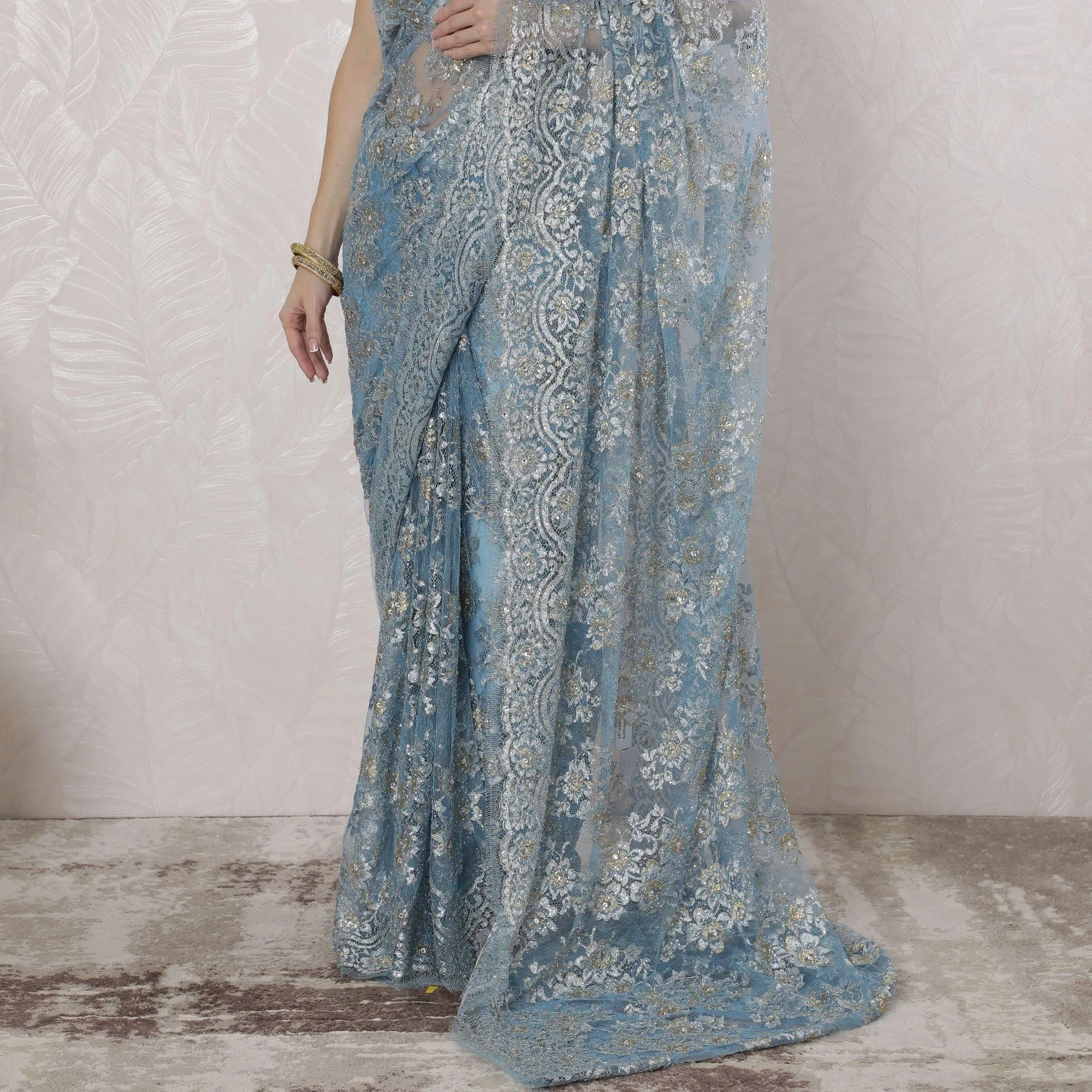 Baby blue, gold, silver Premium pure French metallic chantilly lace saree having stone work in floral design-D16349