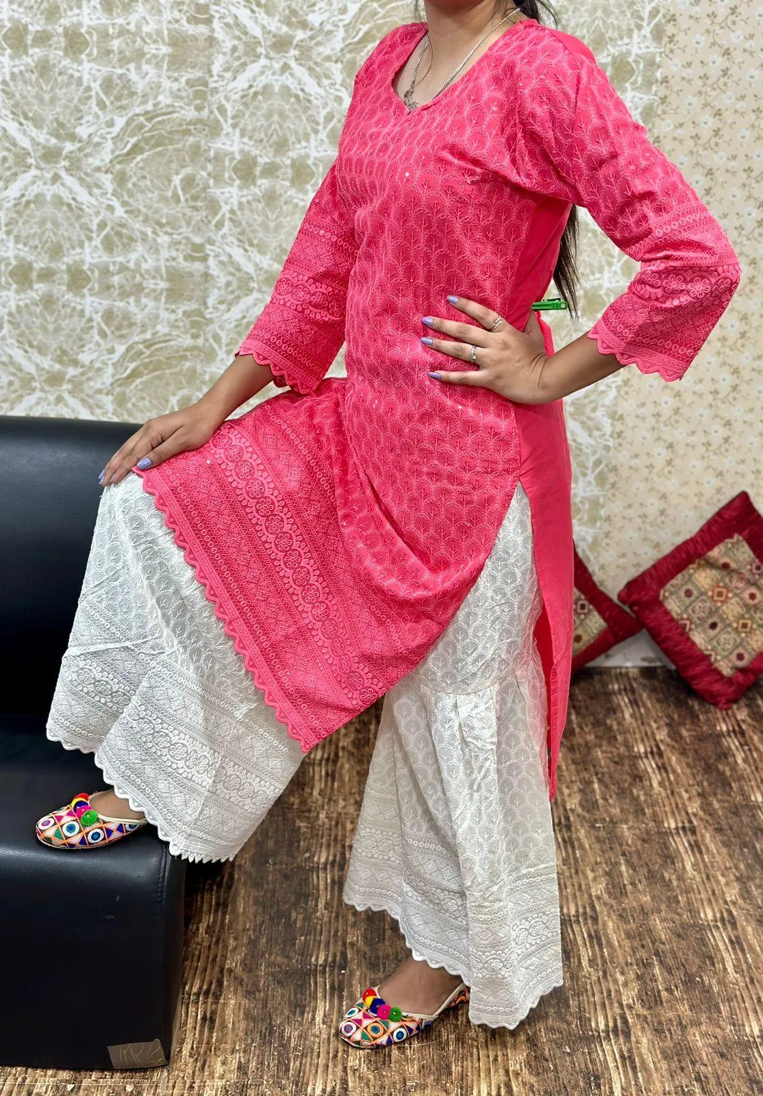 Baby Pink Cutwork Embroidered Kurti with Full Chikan Ghaara Set