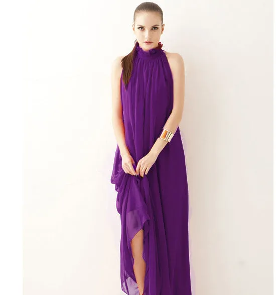 Bare Shoulder Candy Color High Neck Long Pleated Party Beach Dress