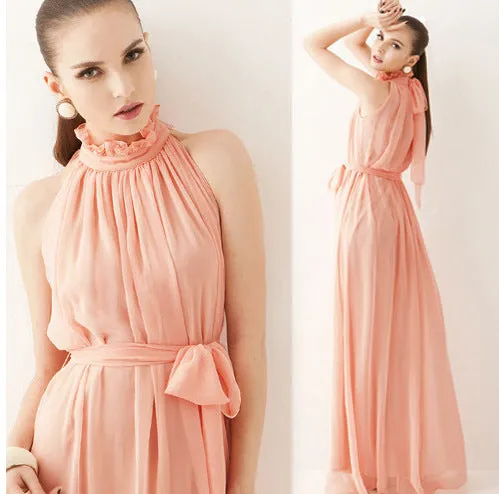 Bare Shoulder Candy Color High Neck Long Pleated Party Beach Dress