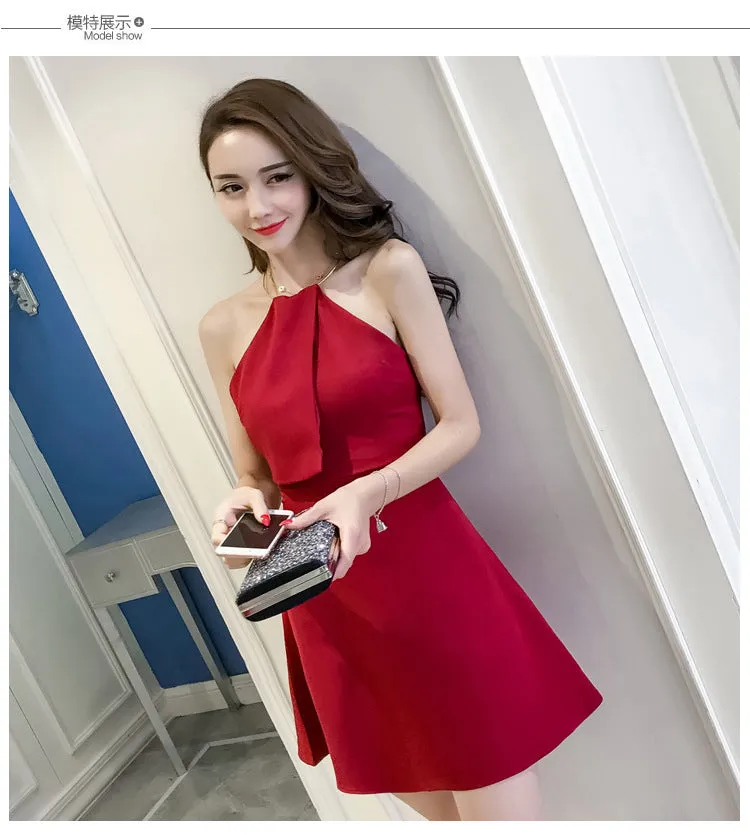 Bear Shoulder Halter Backless Solid Color Short Dress