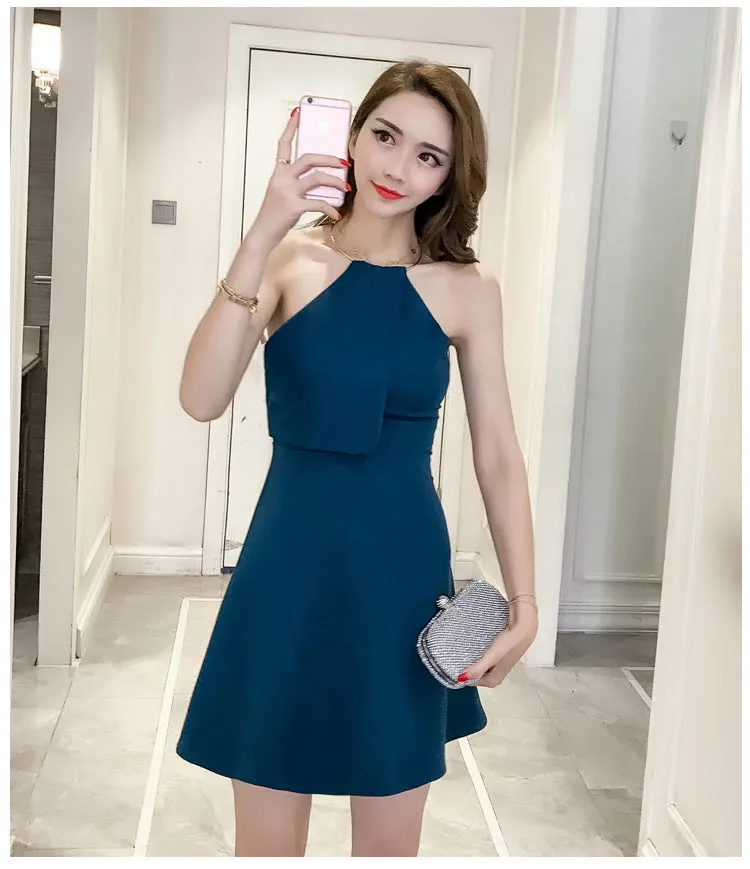 Bear Shoulder Halter Backless Solid Color Short Dress