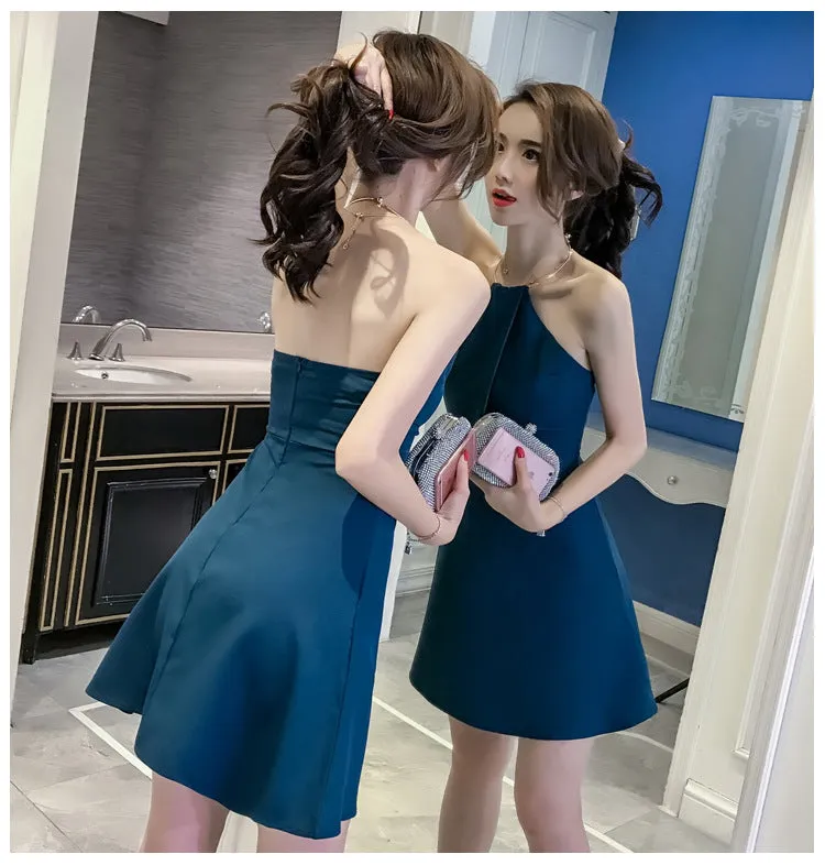 Bear Shoulder Halter Backless Solid Color Short Dress