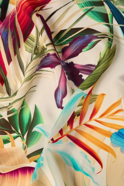 Beautiful Tropical Multicolor Floral Pattern Printed Natural Crepe Silk Fabric