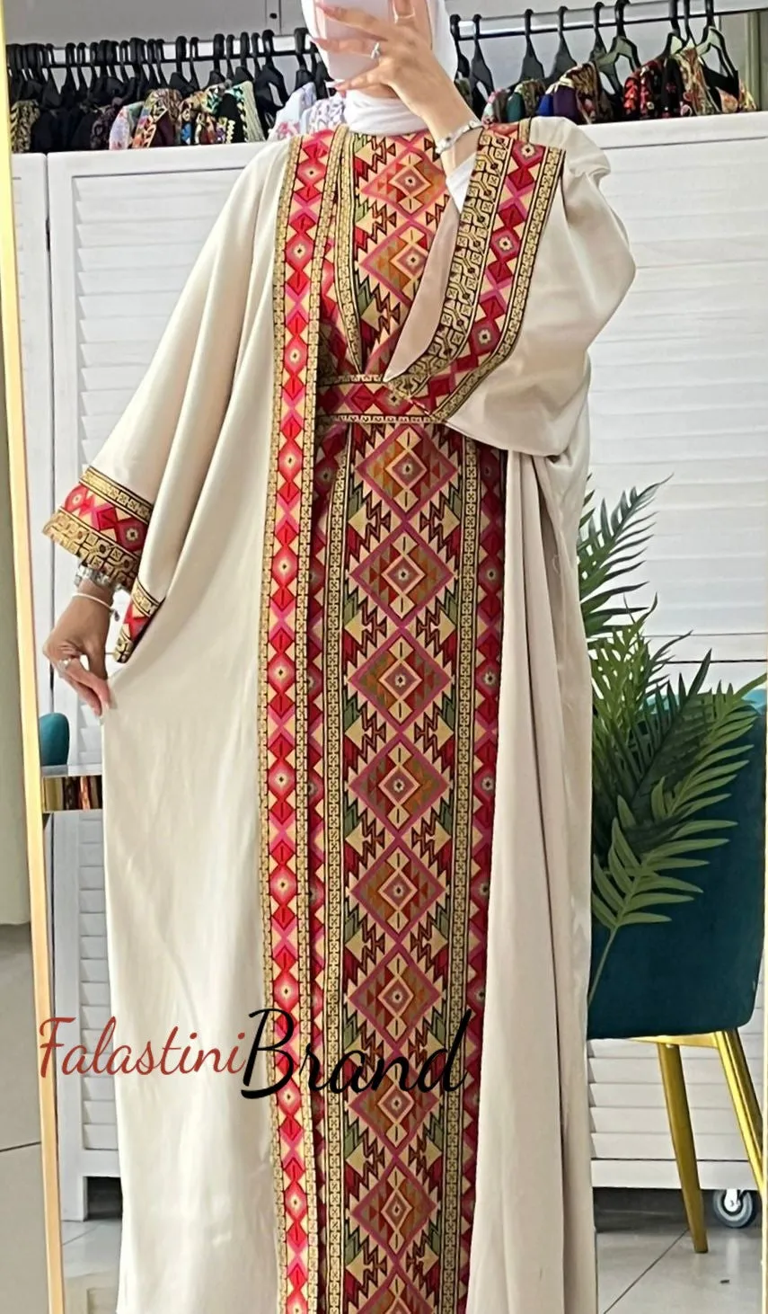 Beige Embroidered Satin Dress and Abaya Set with Diamond Unique Embroidery