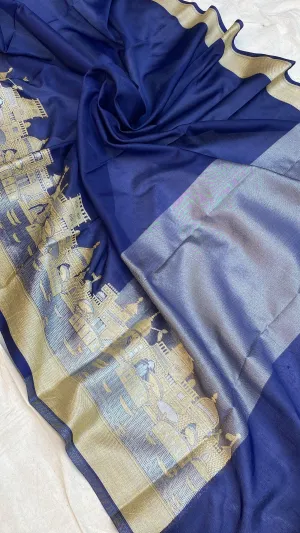 Benares Ghats Blue Pure Cotton Silk Banarasi Sari