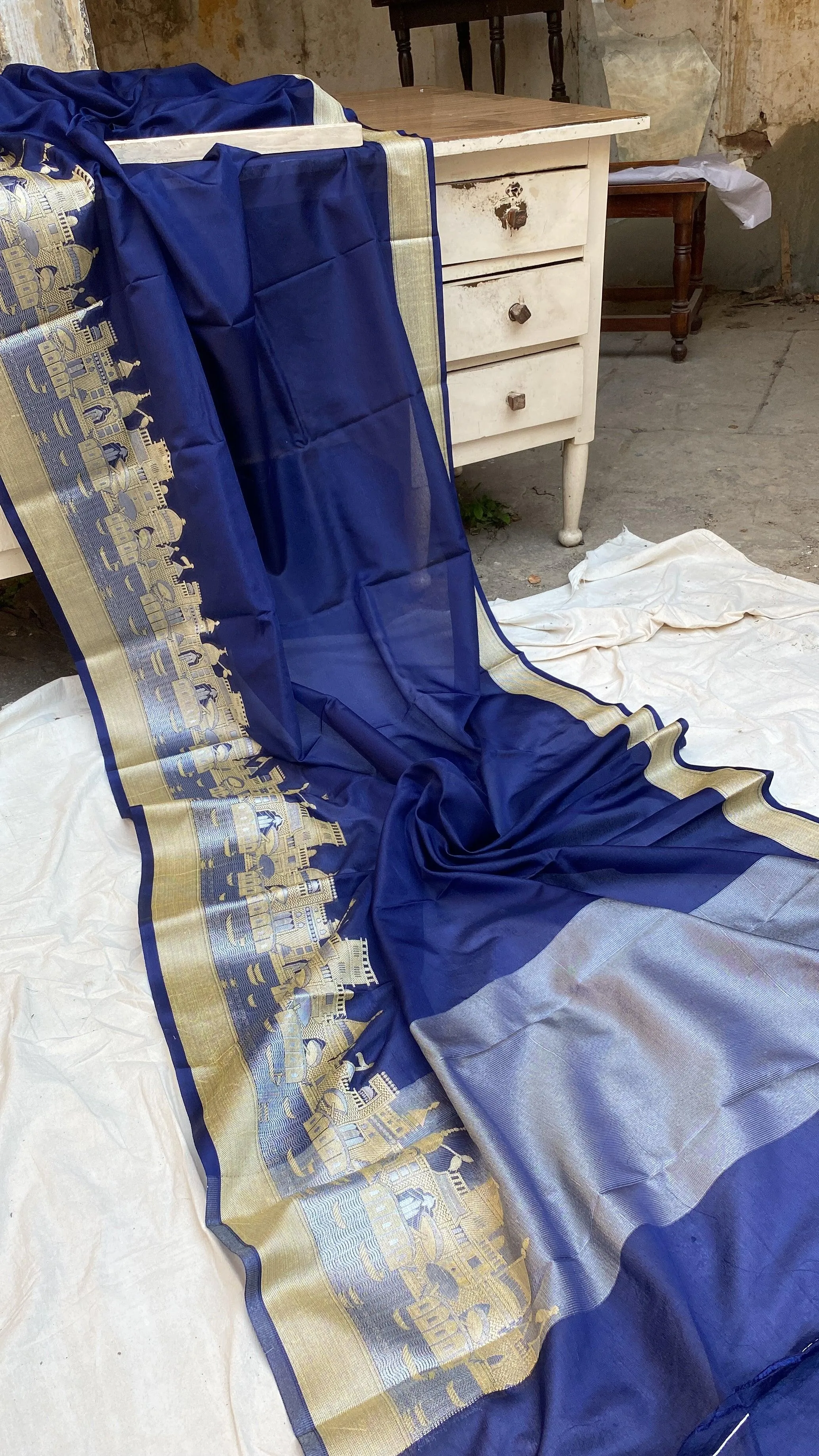 Benares Ghats Blue Pure Cotton Silk Banarasi Sari