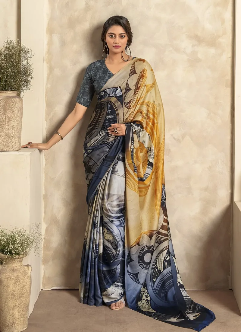 Black And Mustard Modern Abstract Printed Satin Crepe Saree