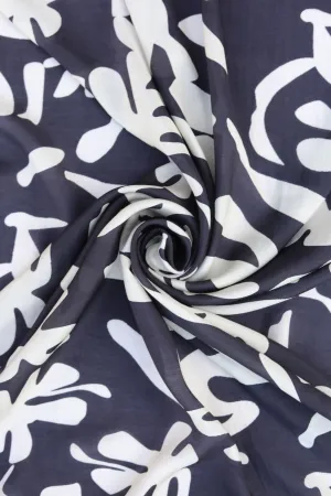 Black and Off White Abstract Pattern Printed Natural Muslin Silk Fabric