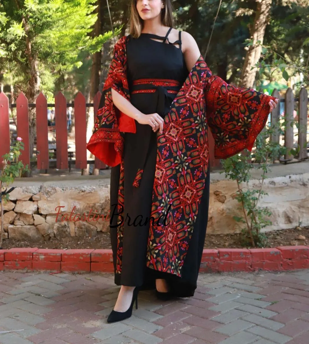 Black and Red Oversize Luxurious Full Embroidered Dress and Abaya Set