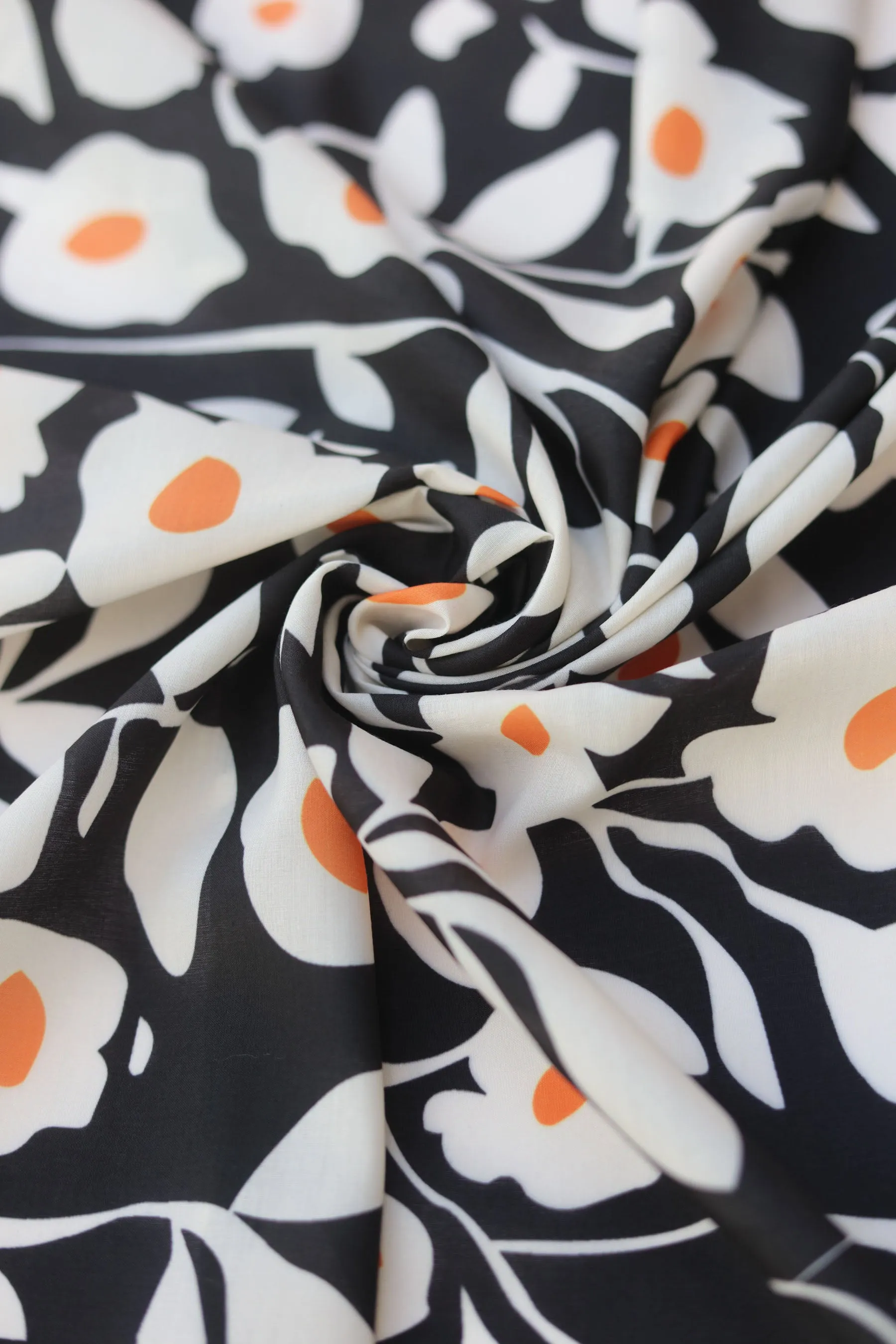 Black and White Floral Printed Muslin Fabric