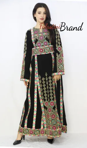 Black Floral Palestinian Embroidered Thobe