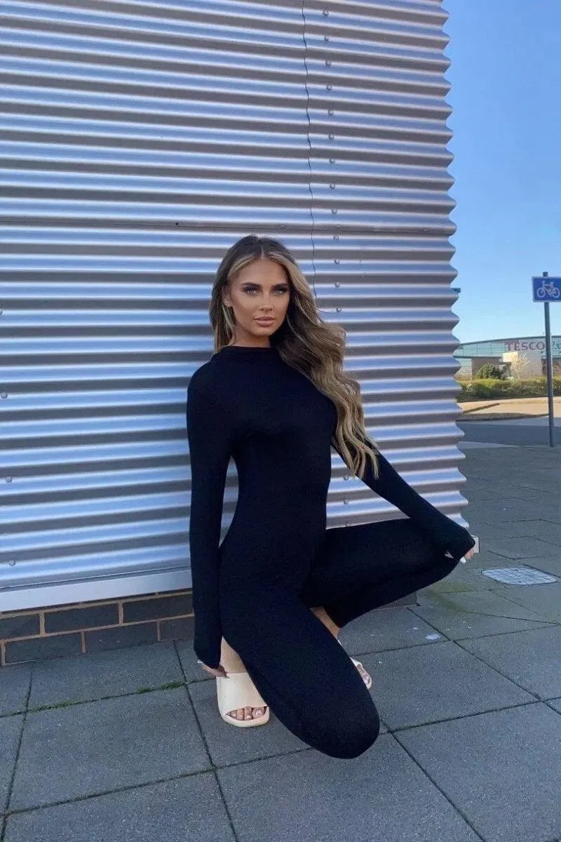 Black High Neck Long Sleeve Jumpsuit