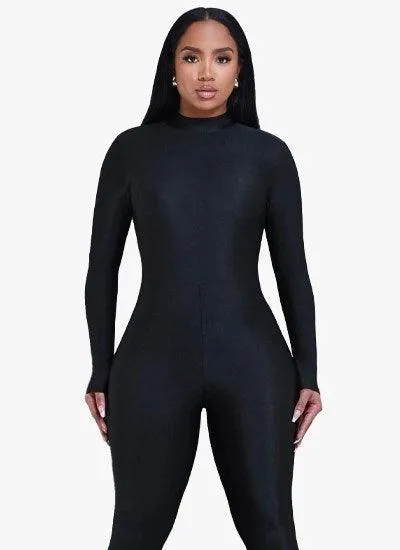 Black High Neck Long Sleeve Jumpsuit