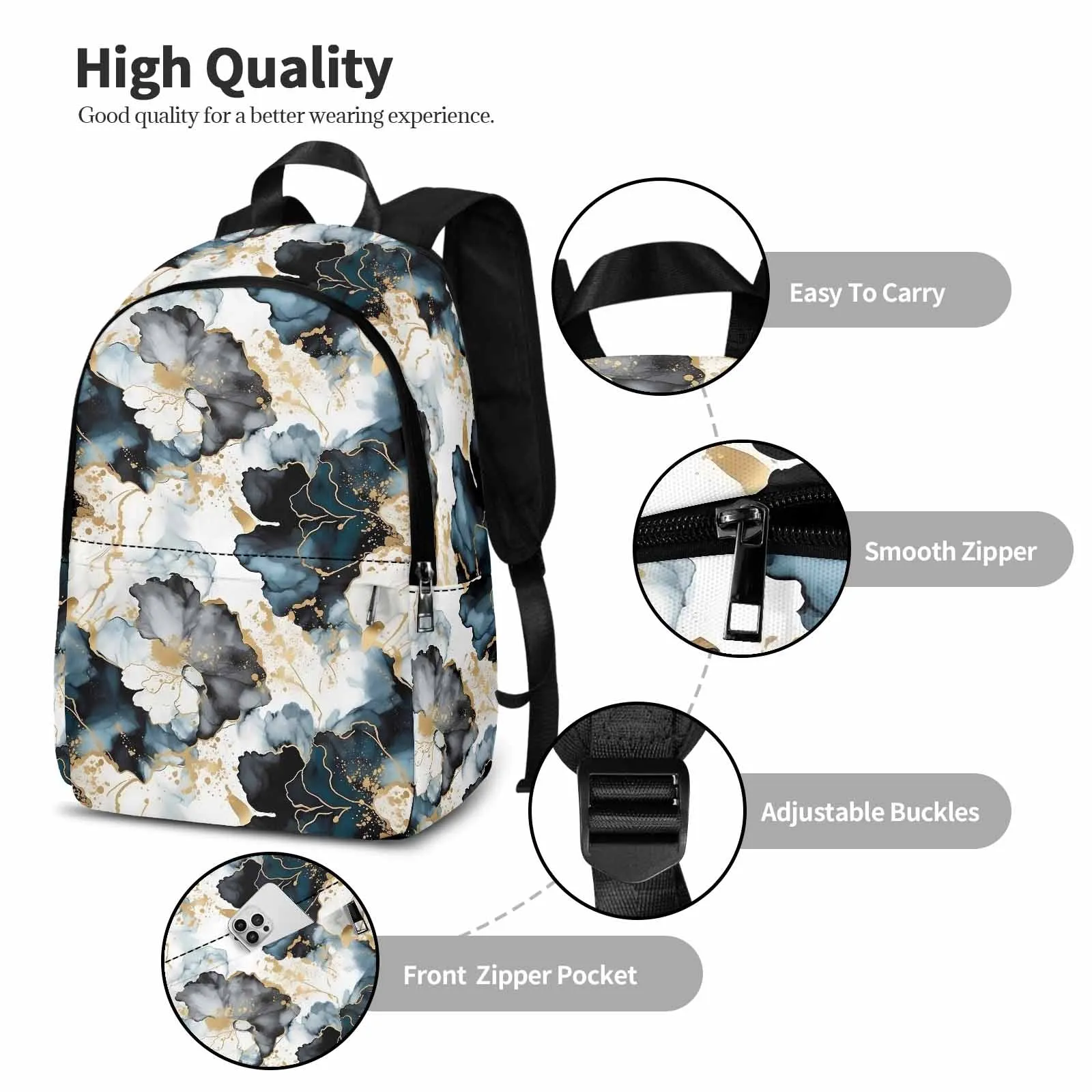 Black Ink Floral  Adult Casual Backpack