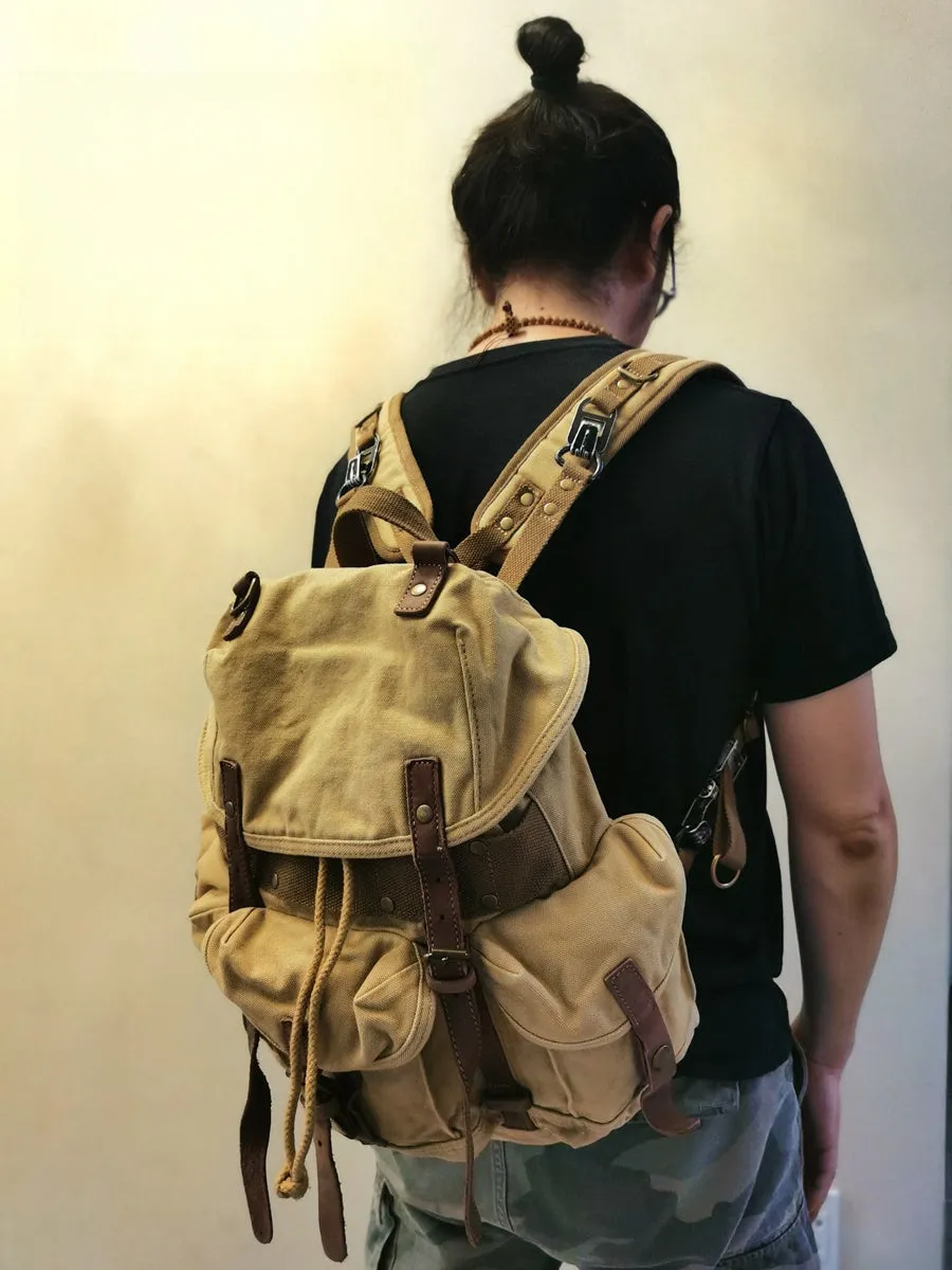 Black Mens Canvas Travel Backpack Canvas EDC Backpack Hiking Backpacks for Men