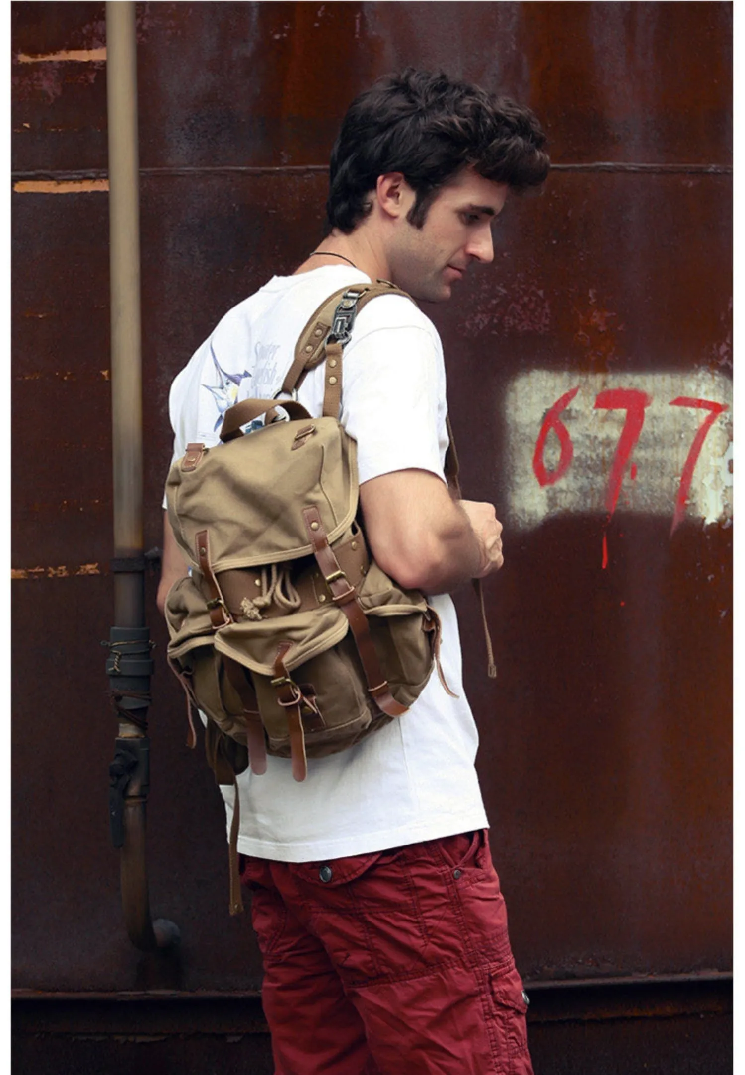 Black Mens Canvas Travel Backpack Canvas EDC Backpack Hiking Backpacks for Men